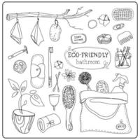 Vector zero waste illustration. Eco friendly bathroom items set, hand drawn in outline doodle style. Hygiene items and houseplants isolated on white backgroun.Environmental protection