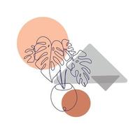 Vector abstract illustration with a home plant flower Monstera in a flowerpot on a background of geometric shapes, drawn in a modern contour style, continuous line design