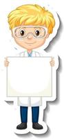 Scientist boy holding empty board in sticker style vector