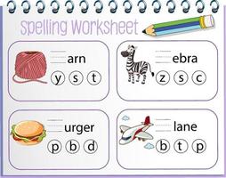plantilla de hoja de trabajo de ortografía para niños vector