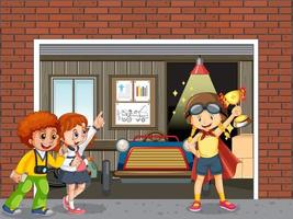 Garage scene with children fixing a car together vector