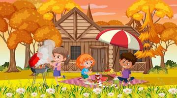 Autumn scene with many children picnic in the park vector