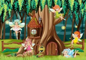 Fantasy forest with cute fairies vector