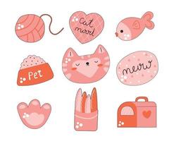 Cute pink set of cat head, yarn, fish, bowl etc. Girly design. Flat illustration. vector