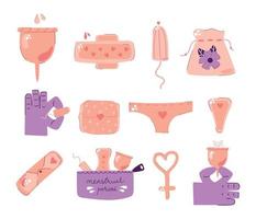 Hand drawn set of feminine hygiene items, menstrual period, tampon, woman pad, menstrual cup. vector