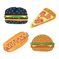 Hand drawn burger, hot dog, pizza. Fast food concept. Flat illustration. vector