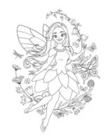 Beautiful flying fairy girl with wings surrounded with butterflies and flowers. Vector black and white illustration for coloring book page.