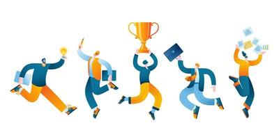 People are jumping merrily with a victory cup in their hands. vector