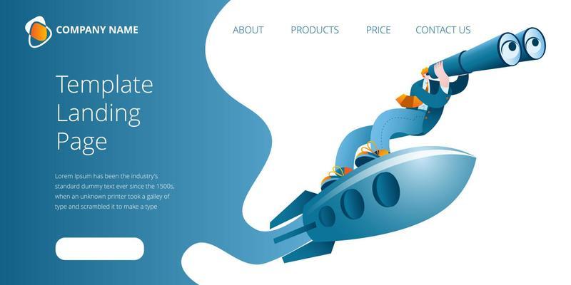 A businessman with a binoculars is flying on a rocket