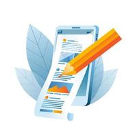 A mobile phone with a news feed and a pencil that edits the content. vector