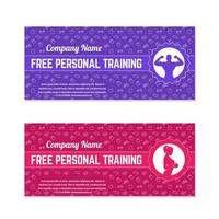 Free personal training, gift voucher for gym, fitness center, modern templates in violet and crimson vector