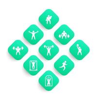 Gym, fitness exercises icons set, workout, training, bodybuilding, weightlifting vector