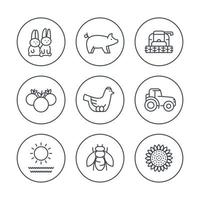 granja, iconos de línea de rancho en círculos, tractor, cosechadora, gallina, cerdo, cultivo, iconos de verduras, ilustración vectorial vector