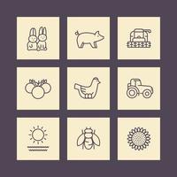 Farm, ranch line icons on squares, harvester, tractor, hen, pig, crop, harvest icons, vector illustration