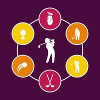 Golf round icons, golf clubs, golf player, golfer, golf bag icon, vector illustration
