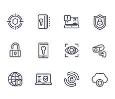 iconos de línea de seguridad y protección en blanco, navegación segura, ciberseguridad, firewall vector