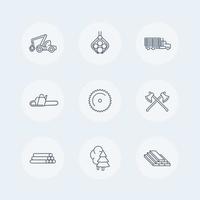 Logging line icons, forestry, timber, tree harvester, logging truck, truck with timber icons set, vector illustration