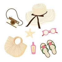 Summer items set, accessories. Sunglasses, sunscreen, straw hat, beach bag, starfish, camera, slippers. Modern design flat image isolated on white background. Collection of summer symbols. vector