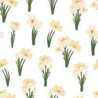 Spring flower crocus, saffron floral seamless pattern. Background for wrapping paper, textile, fabric, wallpaper, scrapbook, congratulation Easter, Happy Mothers and Womens Day. Flat cartoon design vector