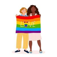 Two lesbian girls hold gay pride day flag. LGBT Womans stand hugging with rainbow flag and word love. vector