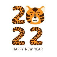 Happy Chinese New Year 2022 greeting card or banner with cartoon funny tiger face and striped year digits. Vector flat hand drawn illustration