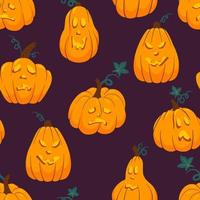 calabaza de halloween con sonrisa, cara feliz de patrones sin fisuras. Fondo de calabaza naranja tallada en calabaza. textura de vector de dibujos animados.