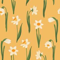 Vector seamless pattern of yellow daffodils or Narcissus. Hand drawn Botanical background. Early Spring potted garden flower blooming bulbous plant with root. Floral texture in flat style