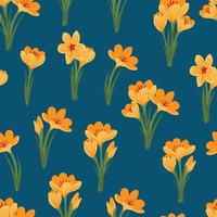 Spring flower crocus, saffron floral seamless pattern. Background for wrapping paper, textile, fabric, wallpaper, scrapbook, congratulation Easter, Happy Mothers and Womens Day. Flat cartoon design vector