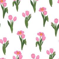 Seamless floral pattern red, yellow, purple, pink tulips and green leaves. Spring flowers background for wrapping, textile, wallpaper, scrapbook, Easter, Happy Mothers, Womens Day. Flat cartoon design vector