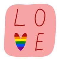 Love lettering with pride rainbow heart. LGBT Pride Month vector illustration. Rainbow love, human rights and tolerance concept. Poster, card, background.