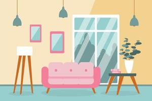 Modern interior of a living room with furniture. Design of a cozy room with sofa, lamp, table, window and decor accessories. Flat style vector illustration.