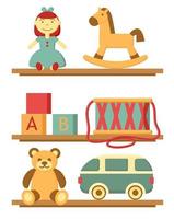 Kids toys icon set. Horse, drum doll, cubes, bear, car on wood shop shelves. Children's toys flat vector illustration for you design.