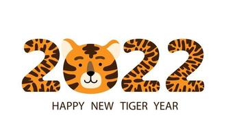 Happy Chinese New Year 2022 greeting card or banner with cartoon funny tiger face and striped year digits. Vector flat hand drawn illustration