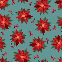 Red Poinsettia star flower and leaf Christmas or New Year decoration vector seamless pattern for greeting card design, textiles, banners, wallpapers, wrapping.