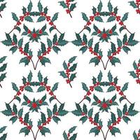 Seamless pattern with winter plants, holly berry, rowan branches. Festive American traditional ornate for New Year, Christmas. Hand drawn vector illustration for wrapping paper, textile printing