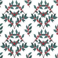 Seamless pattern with winter plants, holly berry, rowan branches. Festive American traditional ornate for New Year, Christmas. Hand drawn vector illustration for wrapping paper, textile printing