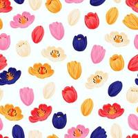 Seamless floral pattern red, yellow, purple, pink tulips and green leaves. Spring flowers background for wrapping, textile, wallpaper, scrapbook, Easter, Happy Mothers, Womens Day. Flat cartoon design
