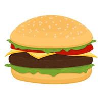 Vector drawing of hamburger with cheese, tomatoes, chop, lettuce, onion, cucumber in flat cartoon style. Illustration for design fast food menu. Hamburger isolated icons.
