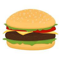 dibujo vectorial de hamburguesa con queso, tomate, chuleta, lechuga, cebolla, pepino en estilo de dibujos animados plana. ilustración para el diseño del menú de comida rápida. iconos aislados de hamburguesa. vector