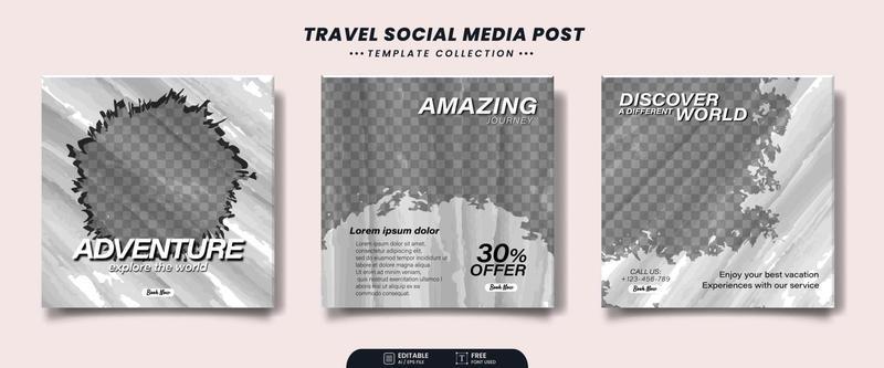 Set of editable travel sale social media banner post template with brush stroke