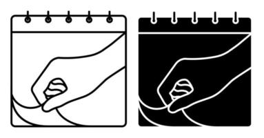 Linear icon. Hand tearing sheet of wall calendar. Marking days of week, months on calendar. Simple black and white vector