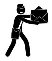 stick figure, male postman gives envelope with greeting card inside. Delivery of postal correspondence. Isolated vector on white background