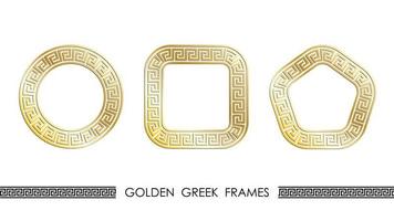 Set of golden Greek round and square frames for decorative headers. Golden ancient greek ornaments isolated on white background. Vector