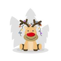 Cute christmas deer vector. Funny cartoon deer with decorative horns. On the horns are colorful lanterns. vector