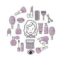 Ilustración de cosméticos con iconos y signos en un estilo lineal. vector