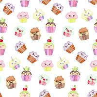 Seamless texture with cute, kawai donut and candy on pink polka background. vector
