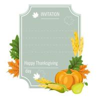 Hand drawn thanksgiving greeting card with leaves, pumpkin and spica on wood background. vector