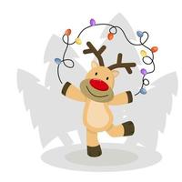 lindo ciervo de navidad. ciervos de divertidos dibujos animados con luces decorativas. vector