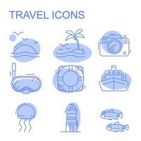 Line icons with flat design elements of air travel to resort vacation, tour planning, recreational rest, holiday trip for leisure activity. Modern infographic vector logo pictogram collection concept.