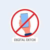 Tachado el icono de la mano con un teléfono. el concepto de prohibición de dispositivos, zona libre de dispositivos, desintoxicación digital. en blanco para la etiqueta engomada. aislado. vector. vector